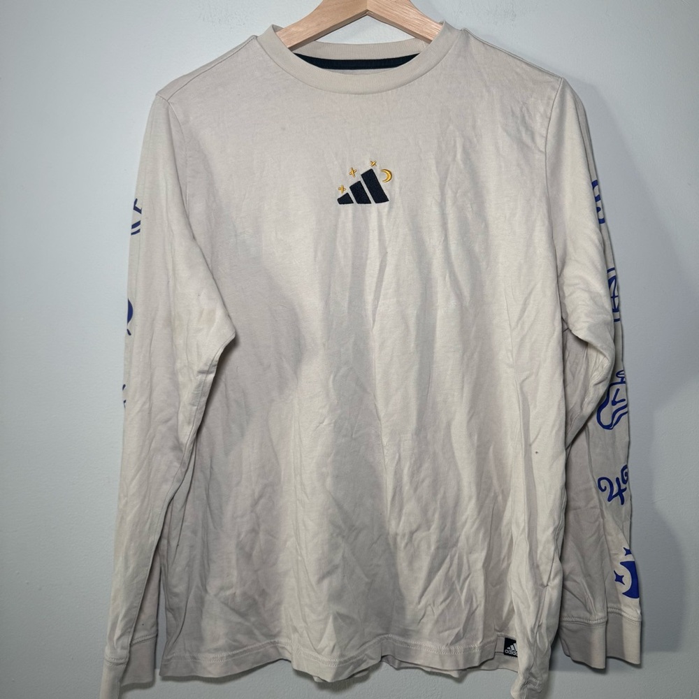 Adidas Shirt Womens Large Longā Sleeve T-Shirt Palm Reader Graphic Beige Logo